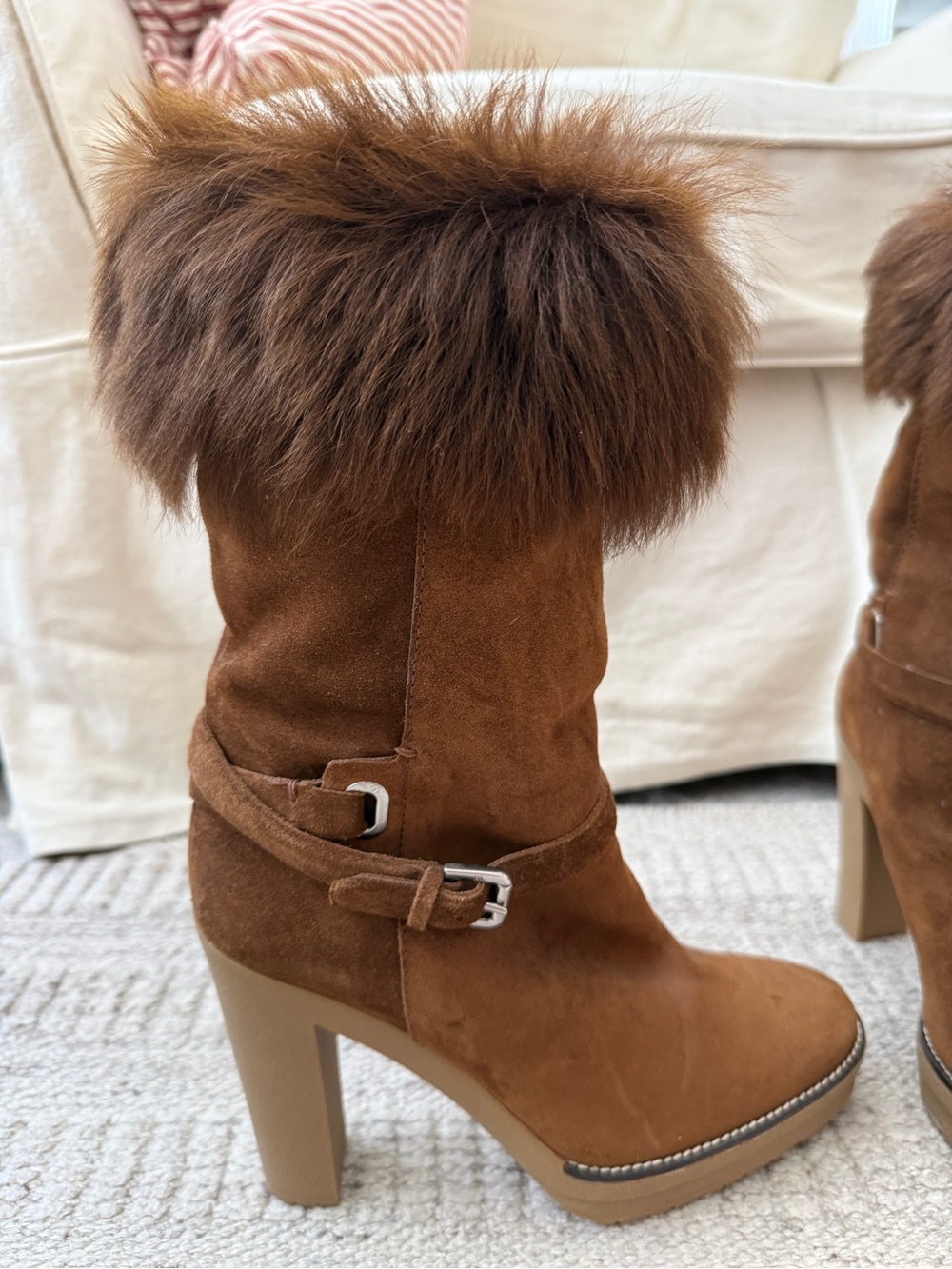 Ralph Lauren Women's Brown Suede Fur-Trim Platform Boot